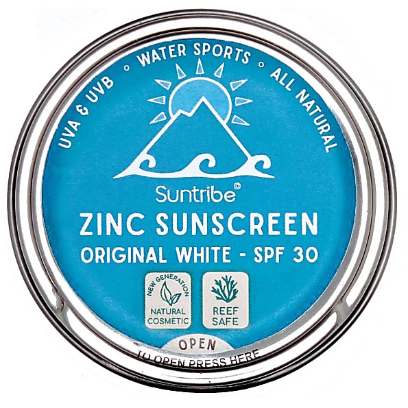 Round tin container of Suntribe Face & Sport Zinc Sunscreen SPF 30, featuring a vibrant blue lid with a mountain logo and text highlighting its natural, reef-safe formula.