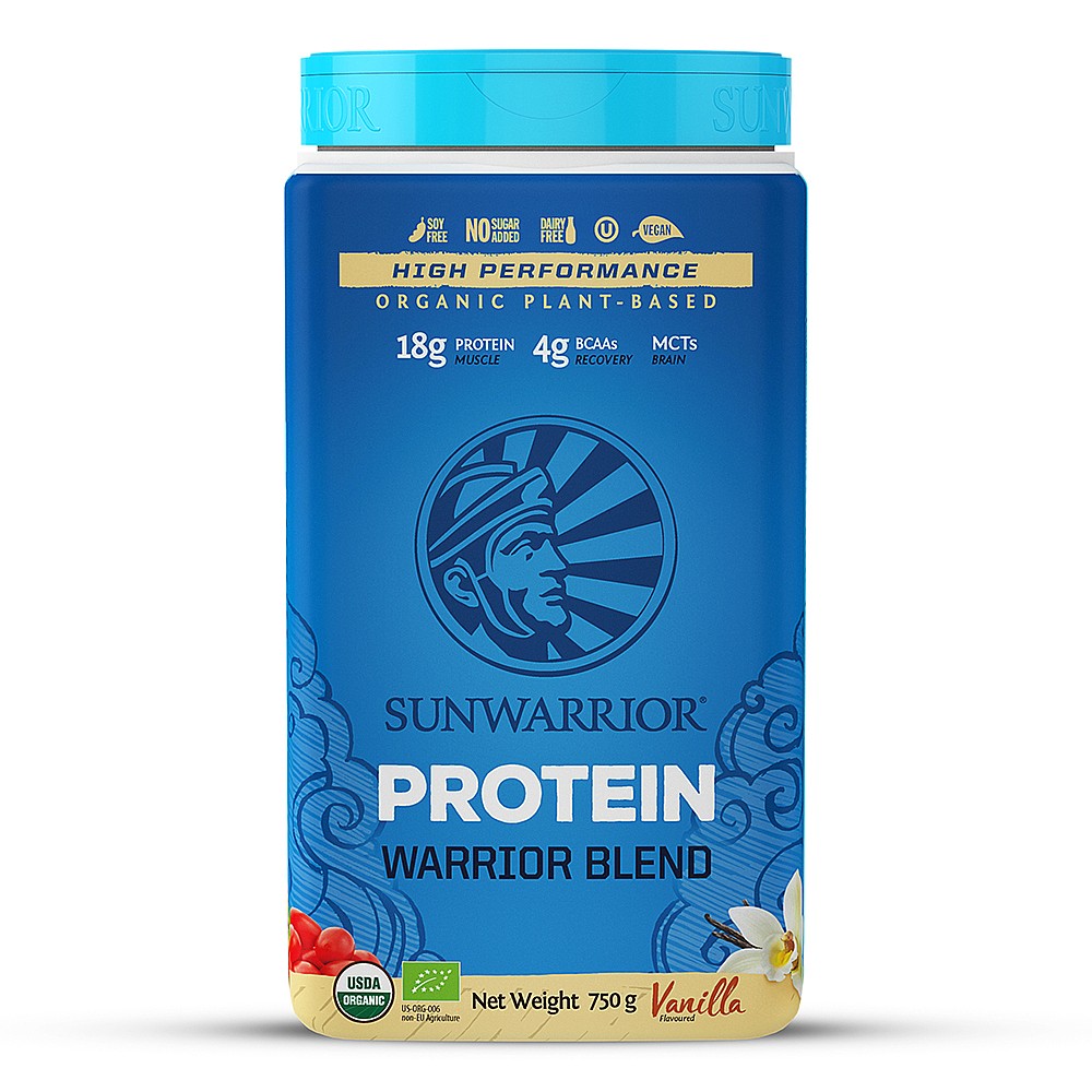 Blue and white container of Sunwarrior Warrior Blend Organic Raw Vegan Protein Powder in Vanilla flavor, featuring a prominent logo, nutritional information, and a 750g weight label.