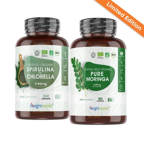 Two brown glass bottles with white labels, one containing spirulina and chlorella capsules, the other pure moringa capsules, both labeled as organic and limited edition.