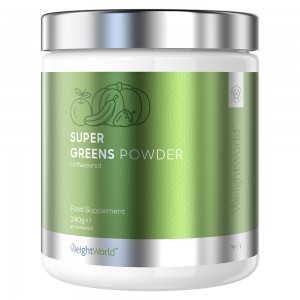 White container with a silver lid, featuring a green label that reads "SUPER GREENS POWDER" in bold text, highlighting its organic certification and 200g weight.