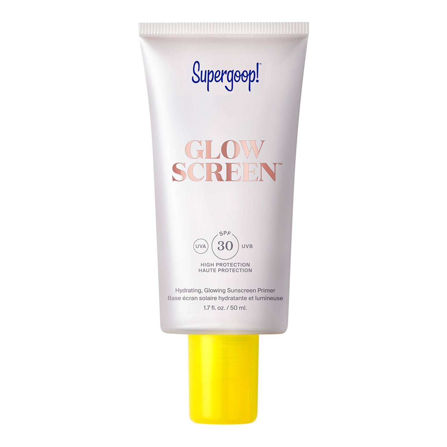 Supergoop! Glowscreen SPF30 in a 50ml tube features a sleek white design with a yellow cap, highlighting its hydrating and glowing sunscreen properties.