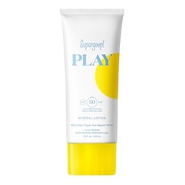 White tube with a yellow cap, featuring a playful design; labeled "Supergoop! PLAY 100% Mineral SPF 30," indicating it's a mineral sunscreen lotion.