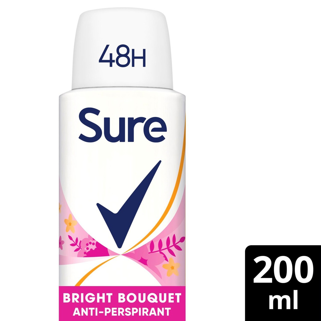 Sure Women Antiperspirant Deodorant in Bright Bouquet, 200 ml aerosol can with a white body, colorful floral design, and a prominent blue checkmark logo, promises 48-hour protection.