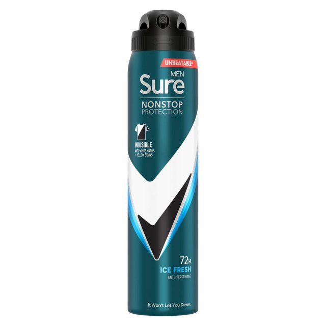 Sure Men's Antiperspirant in a sleek, dark teal can with a black cap, featuring a bold white and silver design, promises 72-hour protection and an ice fresh scent.