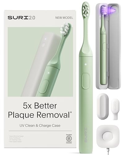 SURI 2.0 Sonic Electric Toothbrush in Winter Fern green, featuring a sleek design, UV clean and charge case, and a toothbrush head with soft bristles, packaged with a modern box.