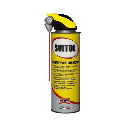 Yellow and black aerosol canister labeled "SVITOL Multipurpose Lubricant," featuring a nozzle for easy application and a sleek metal design, 500 ml capacity.