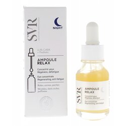 Clear glass dropper bottle with a yellow serum, labeled "SVR Ampoule Relax," alongside a white box featuring the product name and a moon icon, emphasizing nighttime use.