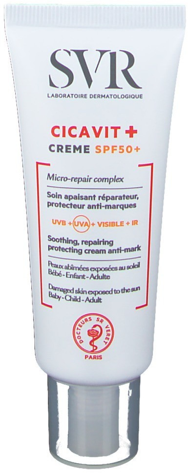 White tube of SVR Cicavit+ Creme SPF50+, featuring a red and blue label, highlighting its micro-repair complex and suitability for all ages, with 40 ml capacity.