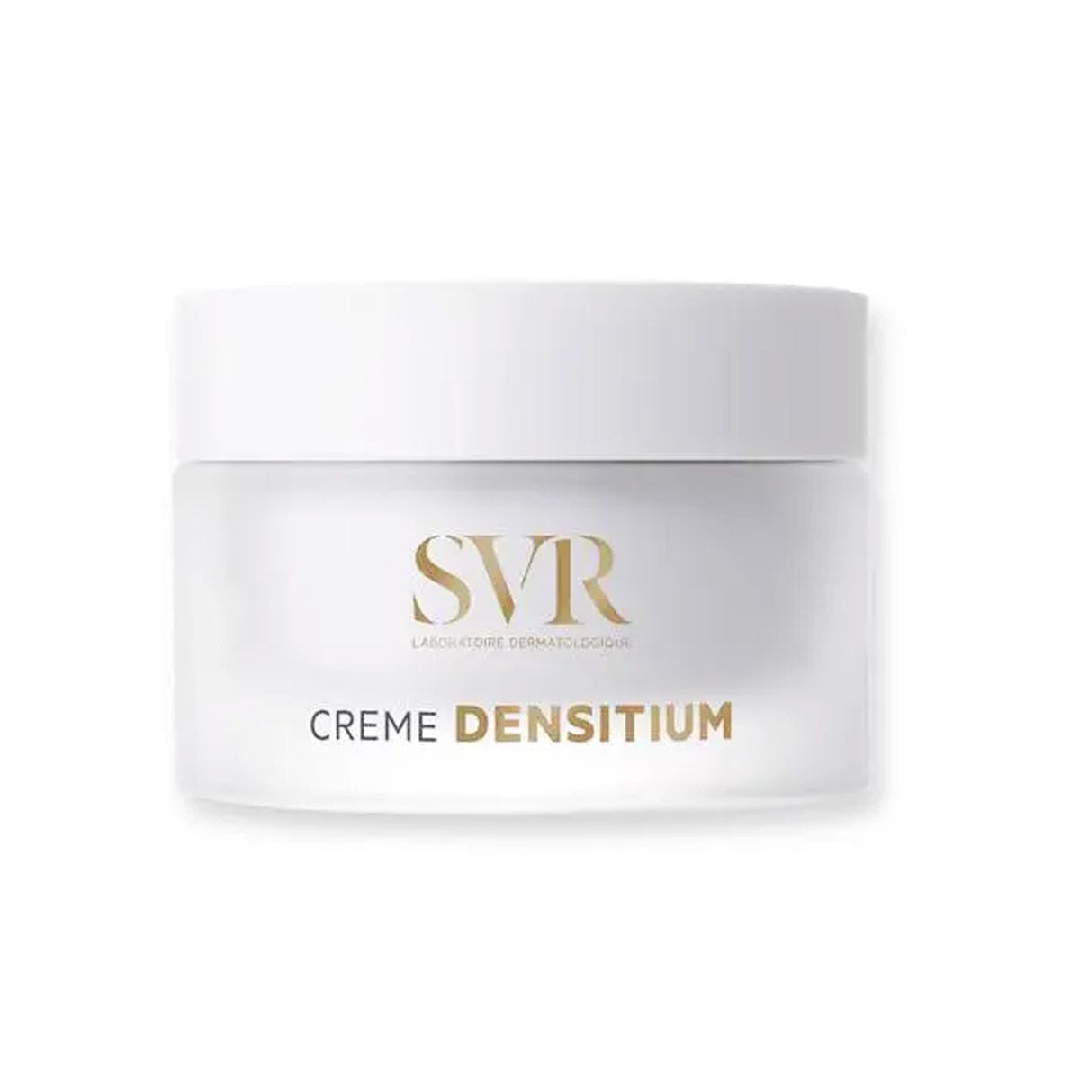 White jar with a smooth finish, labeled "SVR CREME DENSITIUM" in gold lettering, featuring a simple, elegant design suitable for skincare.