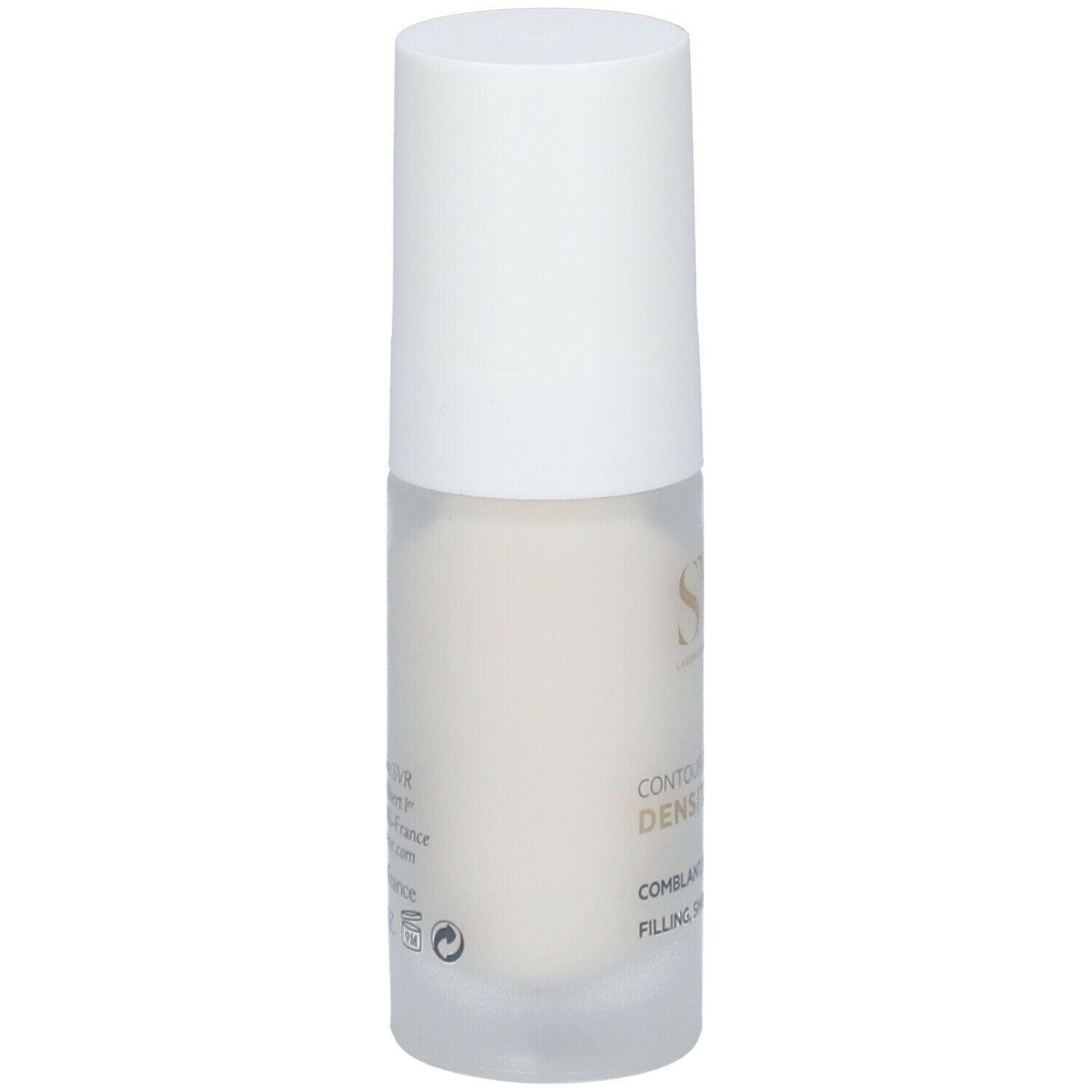 Svr Densitium Eye & Lip Contour is a 15ml white bottle with a pump dispenser, featuring a sleek design and labeled with the product name and key benefits.