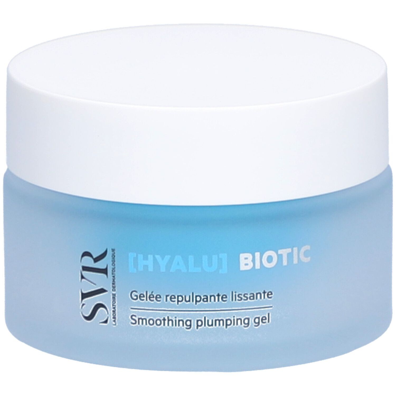 Light blue gel in a frosted glass jar with a white lid, labeled "SVR [HYALU] BIOTIC" and "Smoothing plumping gel" in silver text, 50ml size.