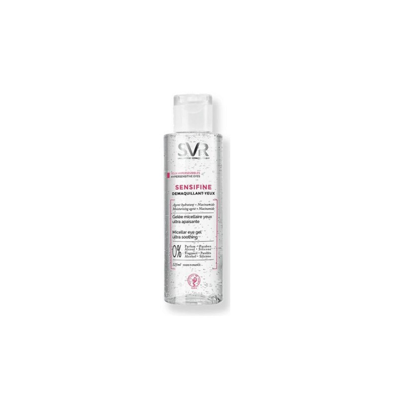 Clear plastic bottle of SVR Palpebral Micellar Water, featuring a pink and white label with text highlighting its ultra-soothing properties for eye makeup removal.