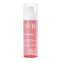 SVR Palpebral Anti-Irritation Balm in a 30 ml pink pump bottle, featuring a clear cap and white text, designed for soothing face and eye irritation.