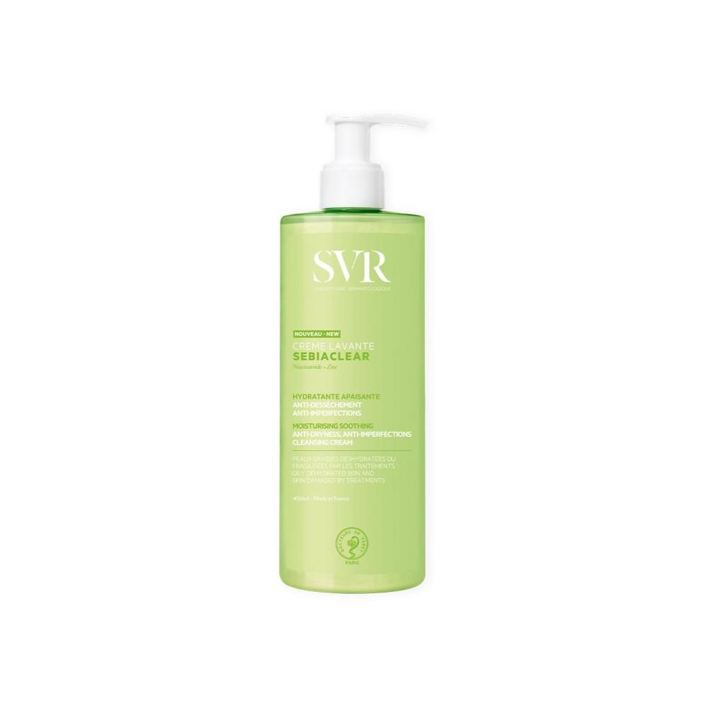 Green bottle of SVR Sebiaclear Cleansing Cream (400 ml) with a white pump, featuring a minimalist design and labeled with product details in white text.