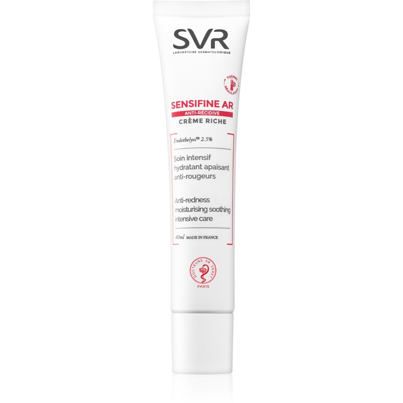 White tube with a red and black label, featuring "SVR Sensifine AR" text, designed for anti-redness, 40ml capacity, with a smooth, glossy finish.