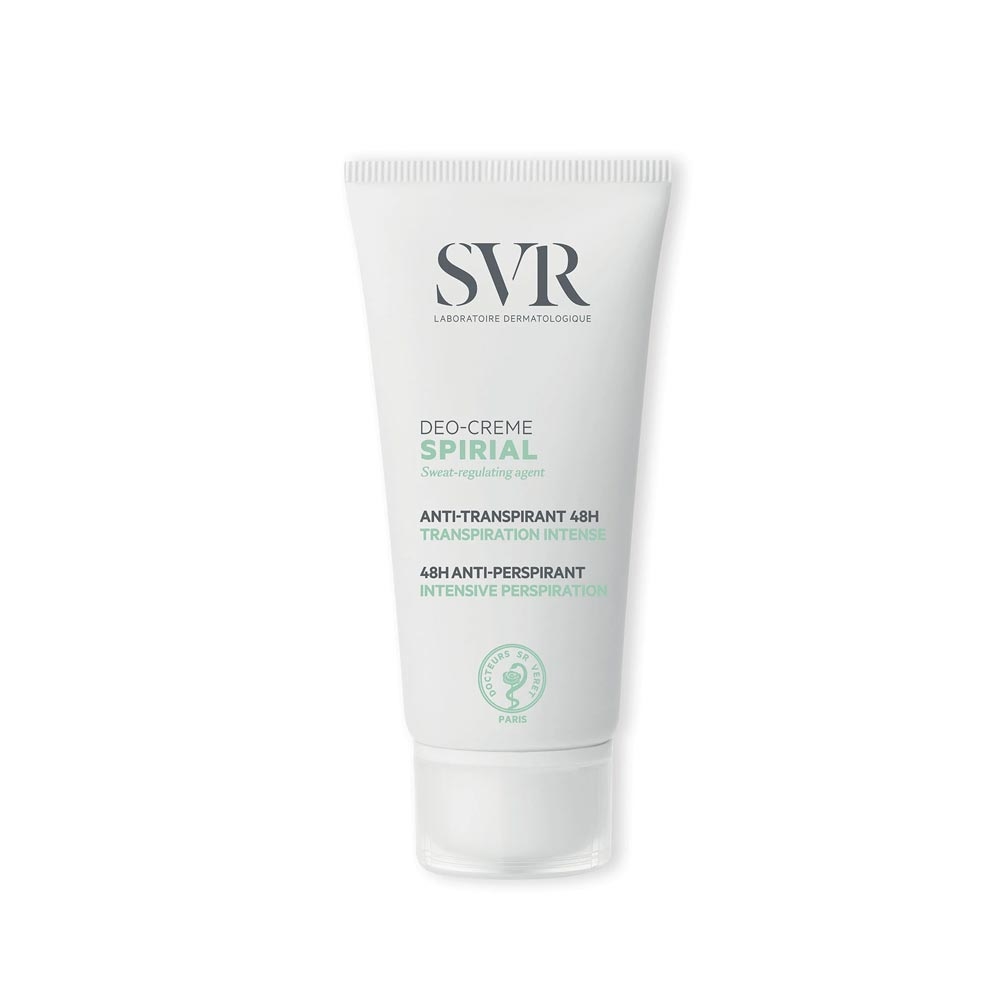 White tube of SVR Spirial Anti-perspirant Deodorant Cream, 50ml, featuring green text and a sleek design, emphasizing 48-hour protection against perspiration.