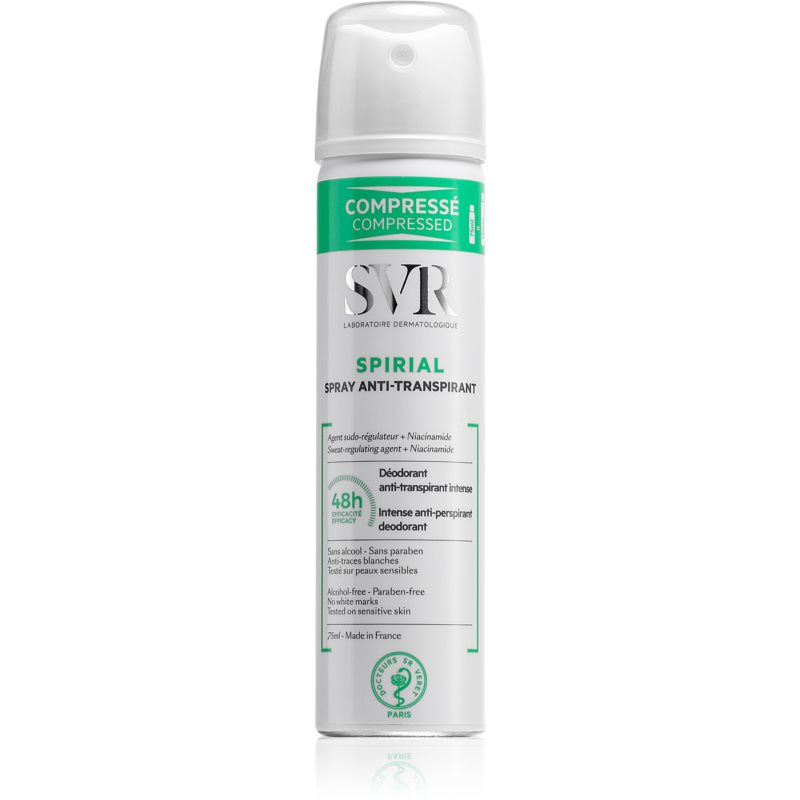 White aerosol can with a green label, featuring the text "SVR Spirial Spray Anti-Transpirant" and details about its 48-hour effectiveness and absence of parabens.