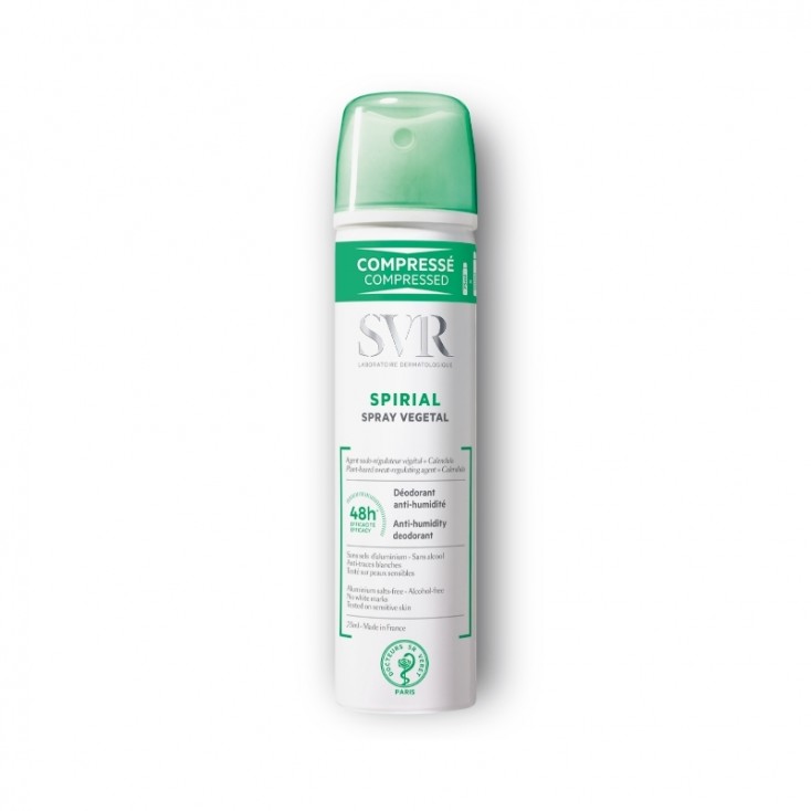 White cylindrical spray can with a green cap, labeled "SVR Spirial Vegetable Spray Anti-Humidity Deodorant 48H 75 Ml," featuring a clean, minimalist design and green accents.