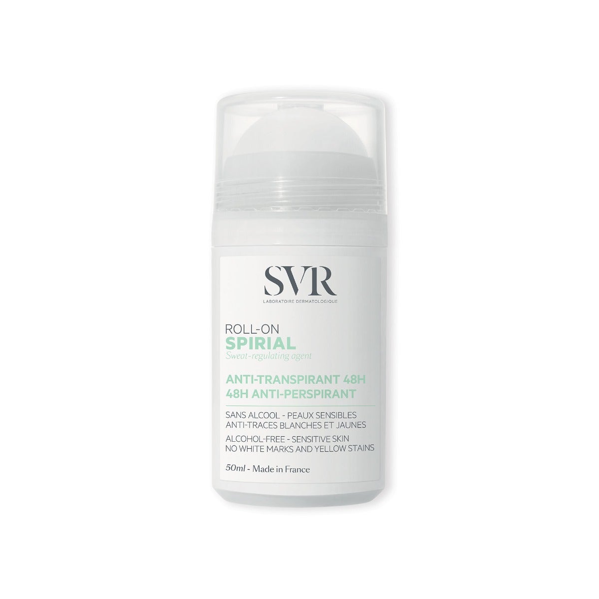 White roll-on deodorant with a clear cap, labeled "SVR Roll-On Spiral 48h Anti-Perspirant" in black and green text, 50ml size, designed for intense sweat regulation.