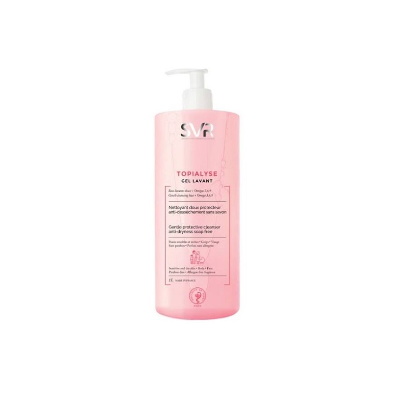 Clear plastic bottle of SVR Topialyse Hydrating Shower Gel, 1000 ml, featuring a pink liquid, pump dispenser, and labels detailing its protective and hydrating properties for face and body.