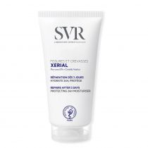 White tube of SVR Xerial Cracks and Crevices Cream, 50 ml, featuring blue text and a circular logo, designed for hydration and repair of dry skin.