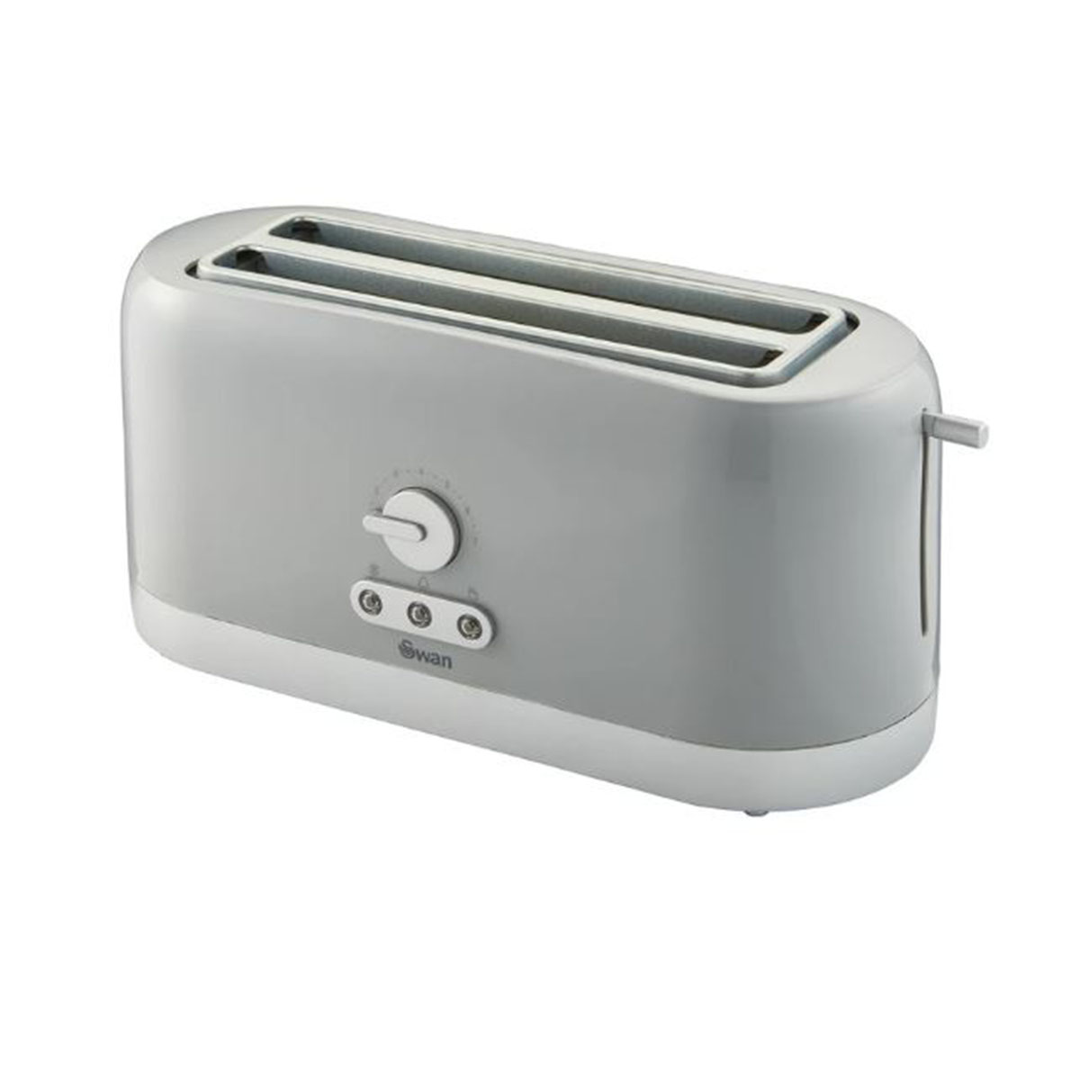 Grey Swan 4-slice long slot toaster features a sleek design, stainless steel body, adjustable browning control, and a lever for easy toast retrieval.