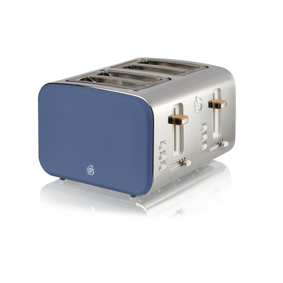 Swan 4 Slice Nordic Style Toaster in navy blue and stainless steel, featuring four slots, gold-tone controls, and a sleek, modern design.