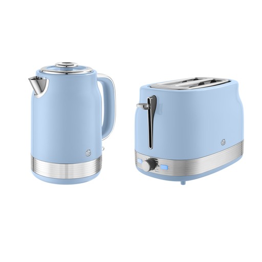 Light blue retro-style kettle with a stainless steel base and spout alongside a matching two-slice toaster, both featuring chrome accents and simple controls.