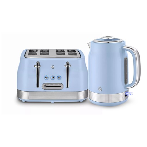 Light blue retro-style kettle and four-slice toaster bundle with chrome accents, featuring multiple toasting settings and a water level indicator on the kettle.
