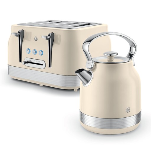 Cream-colored traditional kettle with a polished chrome handle and spout alongside a matching 4-slice toaster featuring blue control buttons and a sleek stainless steel base.