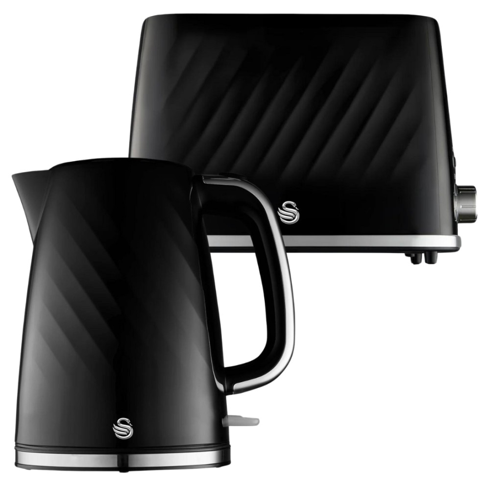 Black Swan Windsor Kitchen Set featuring a 1.7L kettle with a sleek handle and a 2-slice toaster with a textured finish and chrome accents.