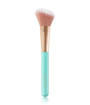 Sweed Angled Blush Brush features a soft, fluffy brush head with pink bristles, a gold ferrule, and a mint green handle, designed for precise blush application.