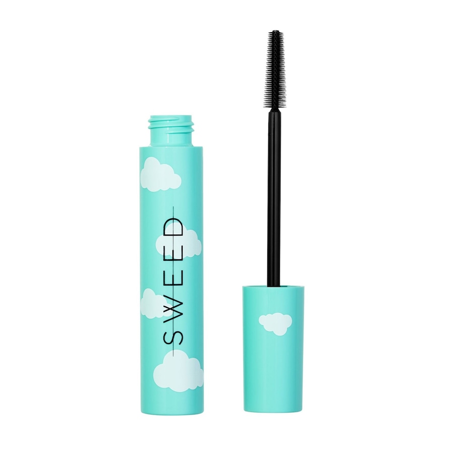 Turquoise mascara tube featuring white cloud designs, with a black, bristle brush cap, showcasing a whimsical and playful aesthetic.