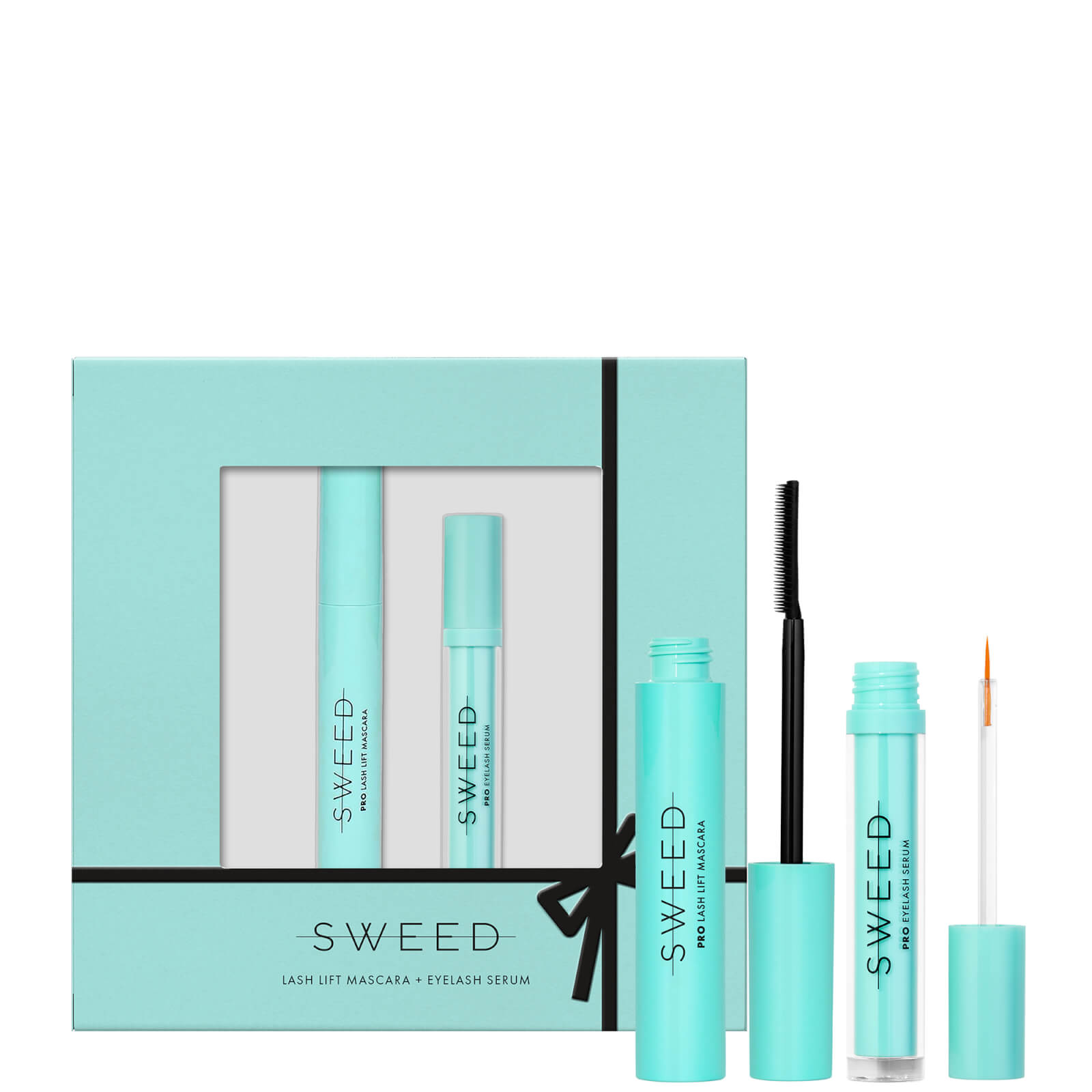 Turquoise box set featuring Sweed Lash Lift Mascara with a black brush and Eyelash Growth Serum in a matching turquoise tube, elegantly tied with a black ribbon.