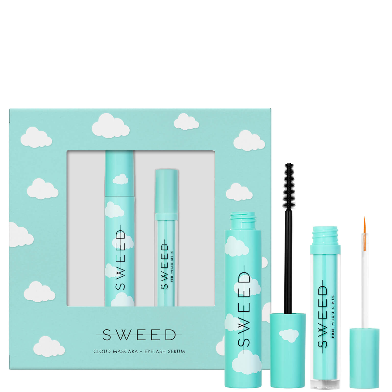 Sweed Cloud Mascara and Eyelash Growth Serum Set features a light blue packaging with white cloud designs, including a mascara wand and a serum applicator with a brush tip.