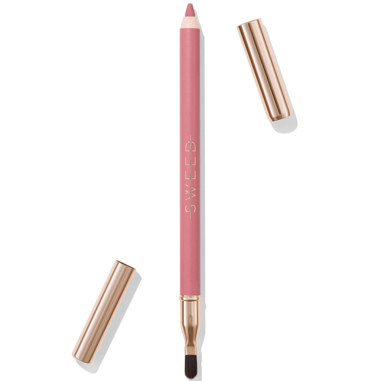 Sweed Lip Liner in a soft pink shade, featuring a wooden pencil design with a gold metallic cap and a built-in brush on the opposite end for precise application.