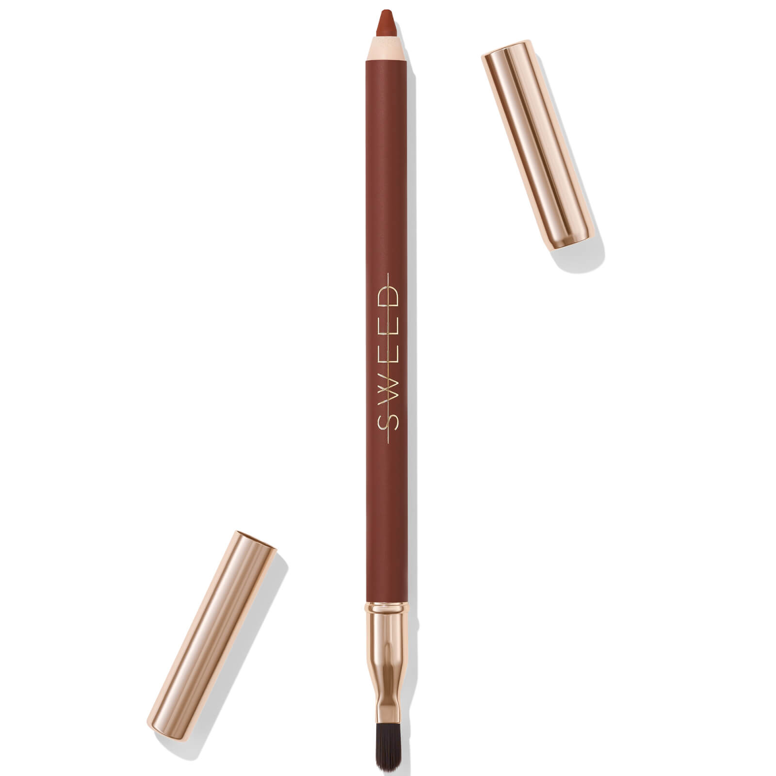 Sweed Lip Liner in a rich brown shade, featuring a wooden pencil with a gold-toned cap and a built-in brush for blending.