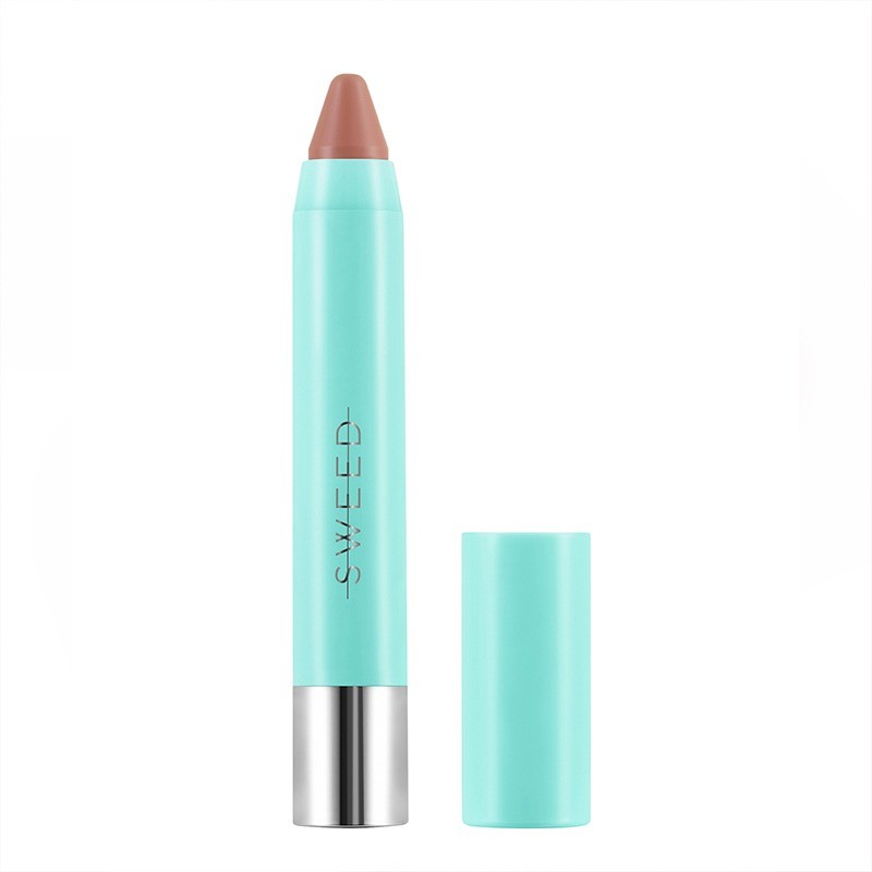 Sweed Lydia Millen Le Lipstick in a nude shade, presented in a mint green twist-up crayon tube with a silver base and a removable cap.