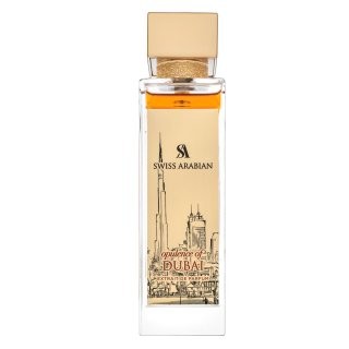 Clear glass bottle with a gold cap, featuring a golden liquid and an intricate illustration of Dubai's skyline on the front, labeled "Opulence of Dubai" by Swiss Arabian.