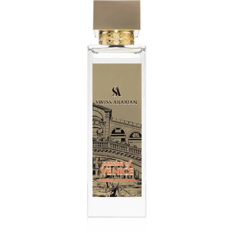 Clear glass bottle with a gold and beige label featuring a bridge design, topped with a gold cap, containing 3.4 oz of unisex perfume, "Passion of Venice" by Swiss Arabian.
