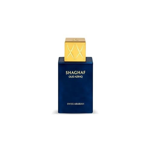 Deep blue glass bottle with a gold cap, labeled "SHAGHAF OUD AZRAQ" and "SWISS ARABIAN," containing 25ml of unisex Arabic perfume with notes of honey, oud, vanilla, and amber.