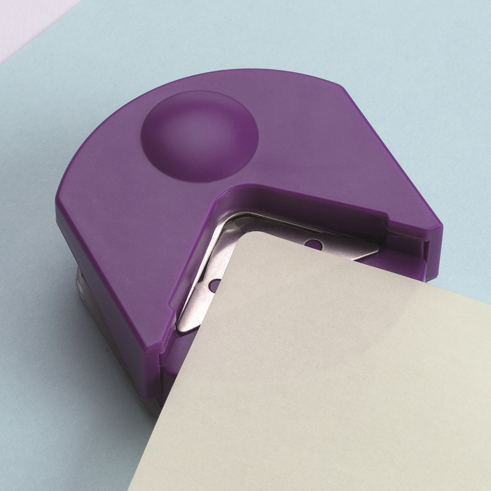 White and purple Swordfish 5 in 1 Creative Trimmer with a rounded corner trim head, featuring a metal cutting blade and a smooth plastic exterior.
