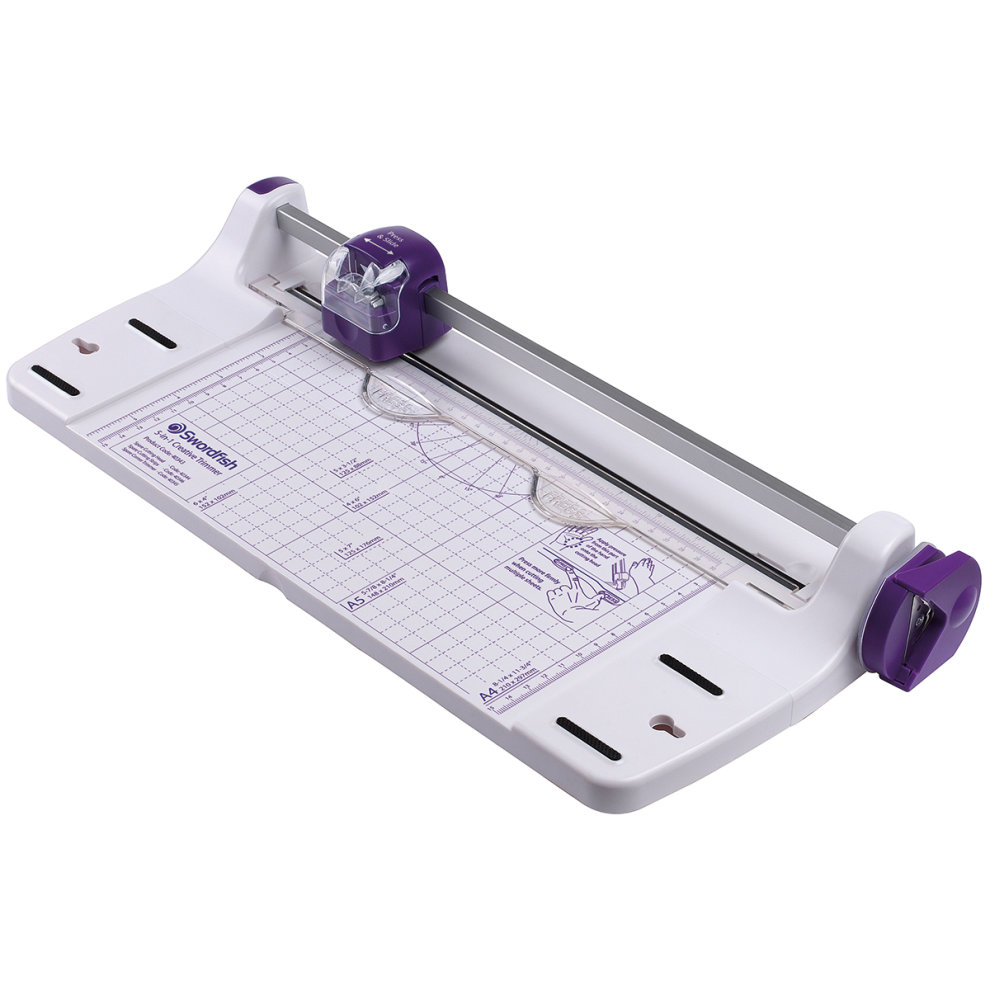 White and purple Swordfish 5 in 1 Creative Trimmer features a clear cutting blade, grid measurement guide, and multiple trimming options for versatile paper crafting.