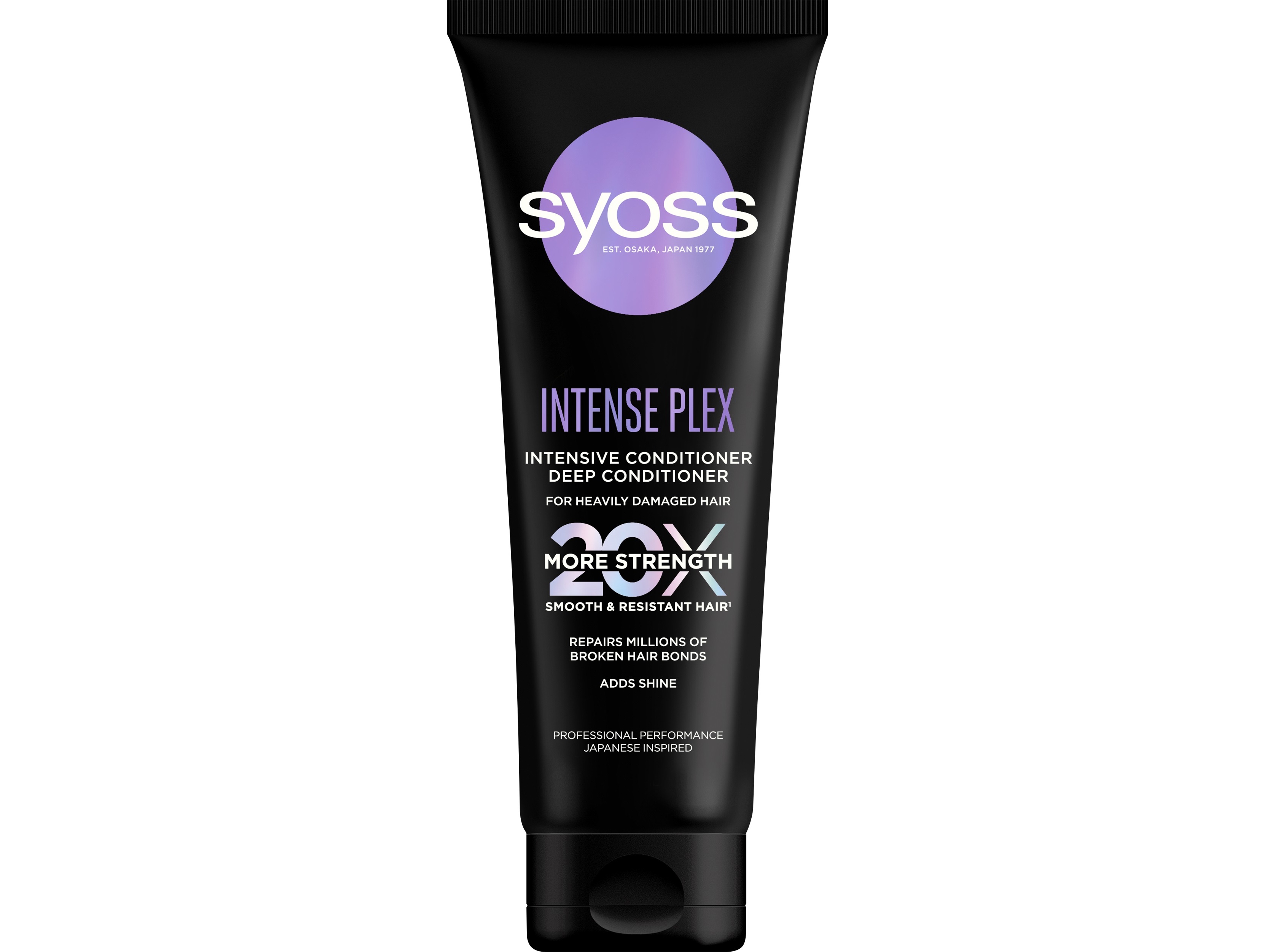 Black tube with a purple label, featuring "Syoss Intense Plex" in bold white text, designed for very damaged hair, 250 ml, emphasizing deep conditioning and hair bond repair.