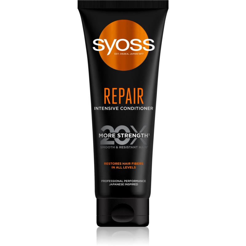 Black tube with a sleek design featuring the Syoss logo, labeled "Repair" in bold white text, and "Intensive Conditioner" in smaller print, emphasizing hair repair and strength.