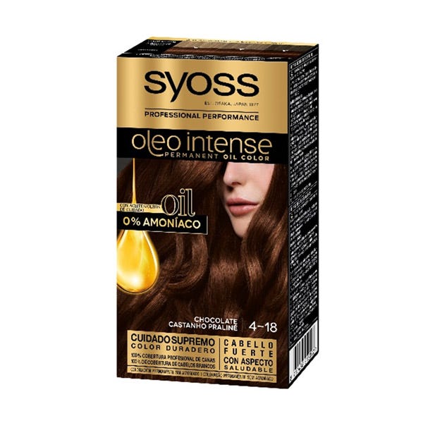 Syoss Oleo Permanent Intense Color 4-18 Chocolate features a sleek black and gold box with a glossy image of rich brown hair, highlighting its oil-based, ammonia-free formula.