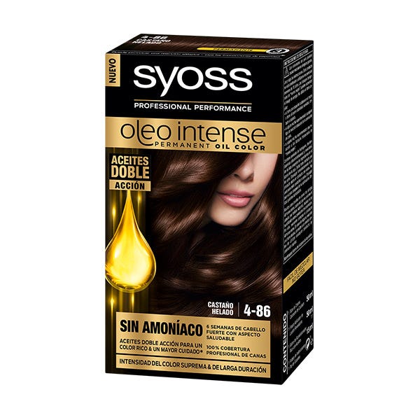 Syoss Oleo Intense Permanent Hair Color in shade 4-86 Ice Brown, featuring a sleek black and gold box with a glossy image of rich brown hair and a golden oil droplet.