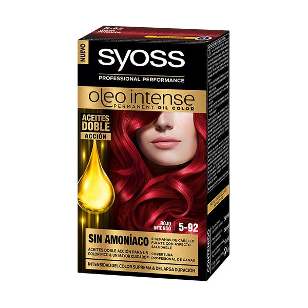 Syoss Oleo Intense Permanent Hair Color in shade 5-92, featuring a striking intense red color, with a golden drop icon indicating double oil action, in a sleek black box.