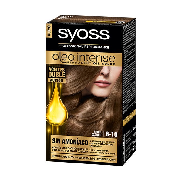 Syoss Oleo Intense Permanent Hair Color in 6-10 Dark Blonde, featuring a sleek black box with a golden oil droplet graphic and a model's flowing hair, emphasizing rich color and shine.