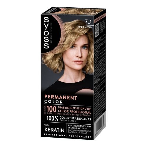 Permanent hair color box by Syoss, featuring "Mejor Dto! 3-3 VIOLIN INTENSO," with a sleek black design and a model showcasing a vibrant hair color.